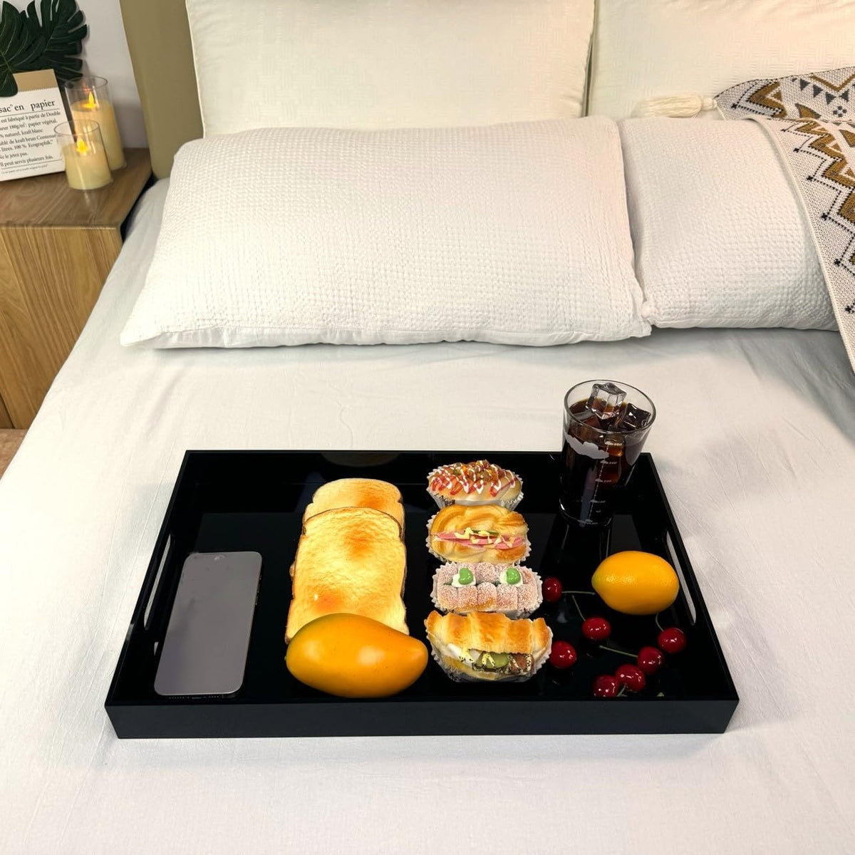 KEVLANG Glossy White Sturdy Acrylic Serving Tray with Handles-12x20 Inch-Serving Coffee Appetizer Breakfast-Kitchen Countertop Makeup Drawer Organizer-Vanity Table Ottoman Decorative Tray