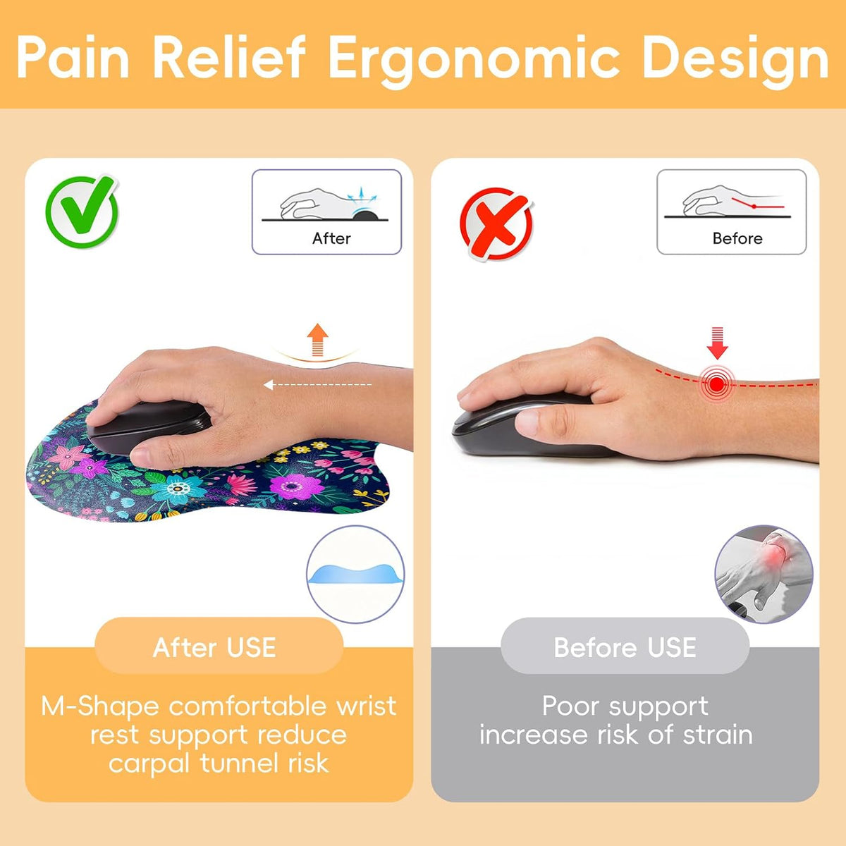 Wrist Support Mouse Pad Anti Slip Rubber Wrist Rest Mousepad 9in X 8in Small Desktop Notebook Mouse Mat for Working and Gaming (M-Pink Floral)