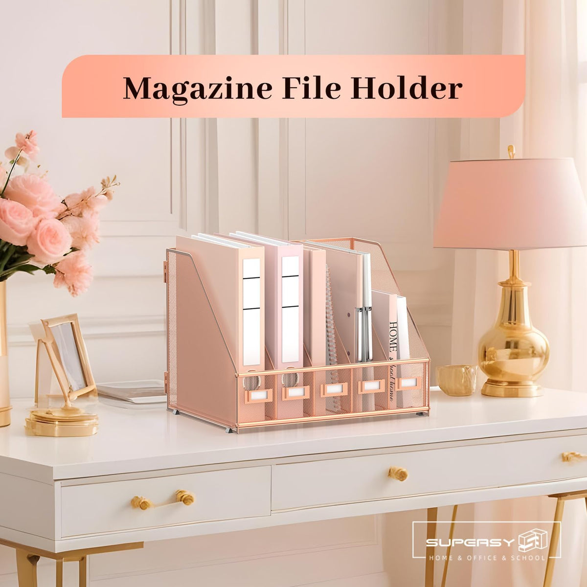 Desk Organizers Metal Desk Magazine File Holder with 5 Vertical Compartments Rack File Organizer for Office Desktop, Classroom, Home Workspace, Black