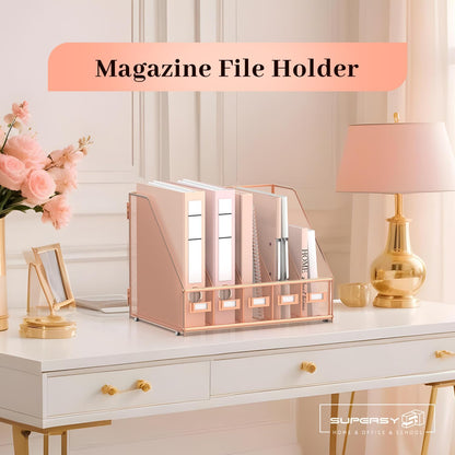 Desk Organizers Metal Desk Magazine File Holder with 5 Vertical Compartments Rack File Organizer for Office Desktop, Classroom, Home Workspace, Black