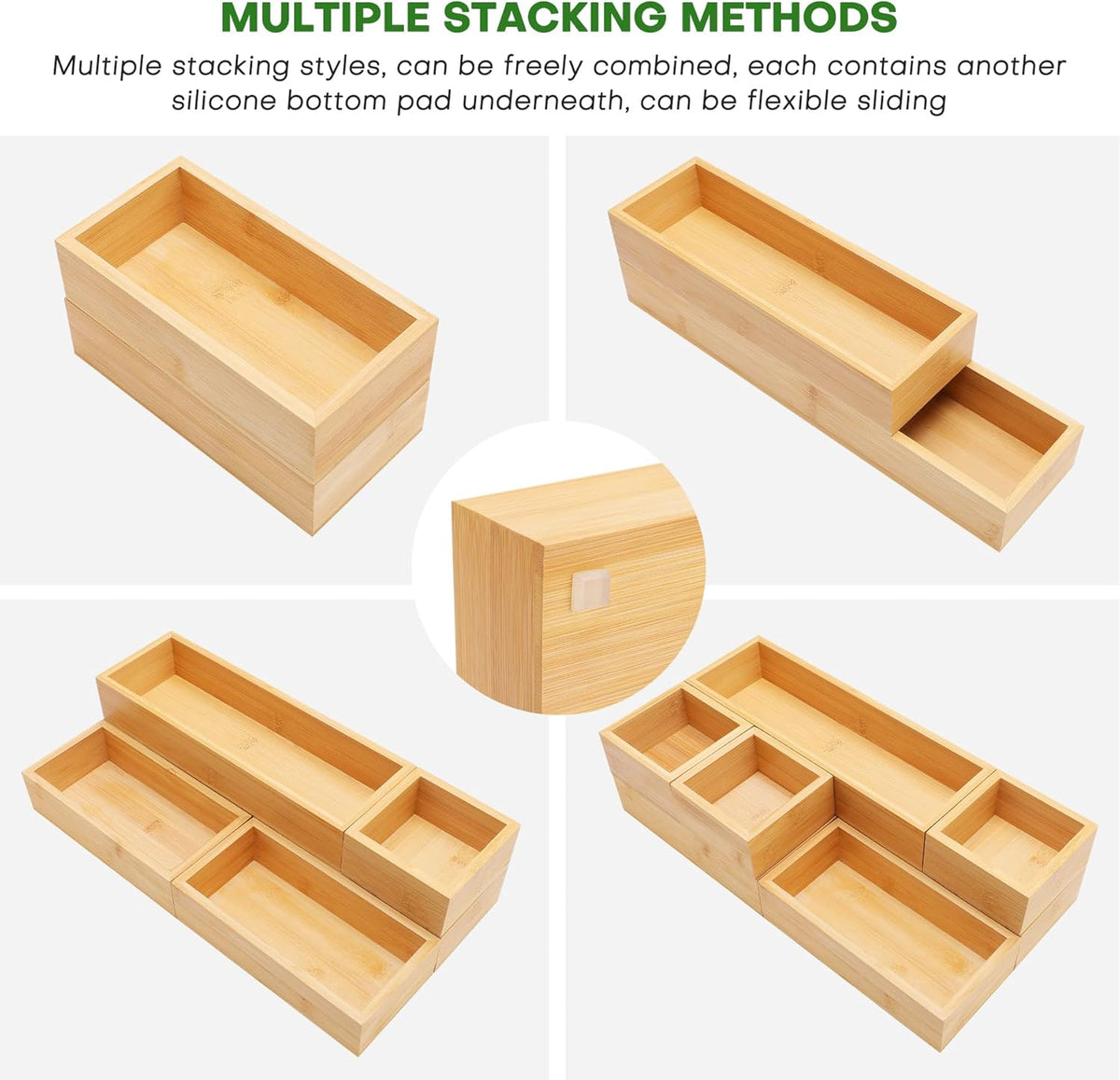 Bamboo Drawer Organizer Set, 5 PCS Multi-Use Individual Wood Storage Organizers, Junk Drawer Divider and Storage Trays Containers for Kitchen, Bathroom, Office Desk, Makeup, Jewelry, Utensils