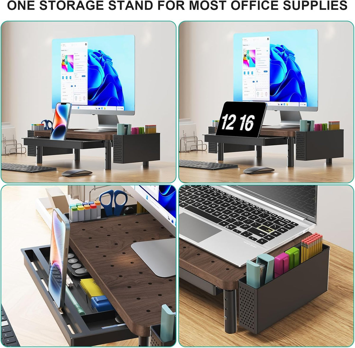 WALI Monitor Stand Riser with Drawer, Desk Organizers and Accessories for Computer, Printer, Laptop Stand for Home Office Supplies, (PTT005-B), 1 Pack, Black