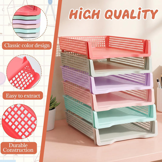Tenceur 6 Pcs Turn in Trays Classroom, Pastel Paper Tray for Classroom Organization and Storage Stackable Plastic Book Baskets Teacher Organizers for Library Drawers Office Desk