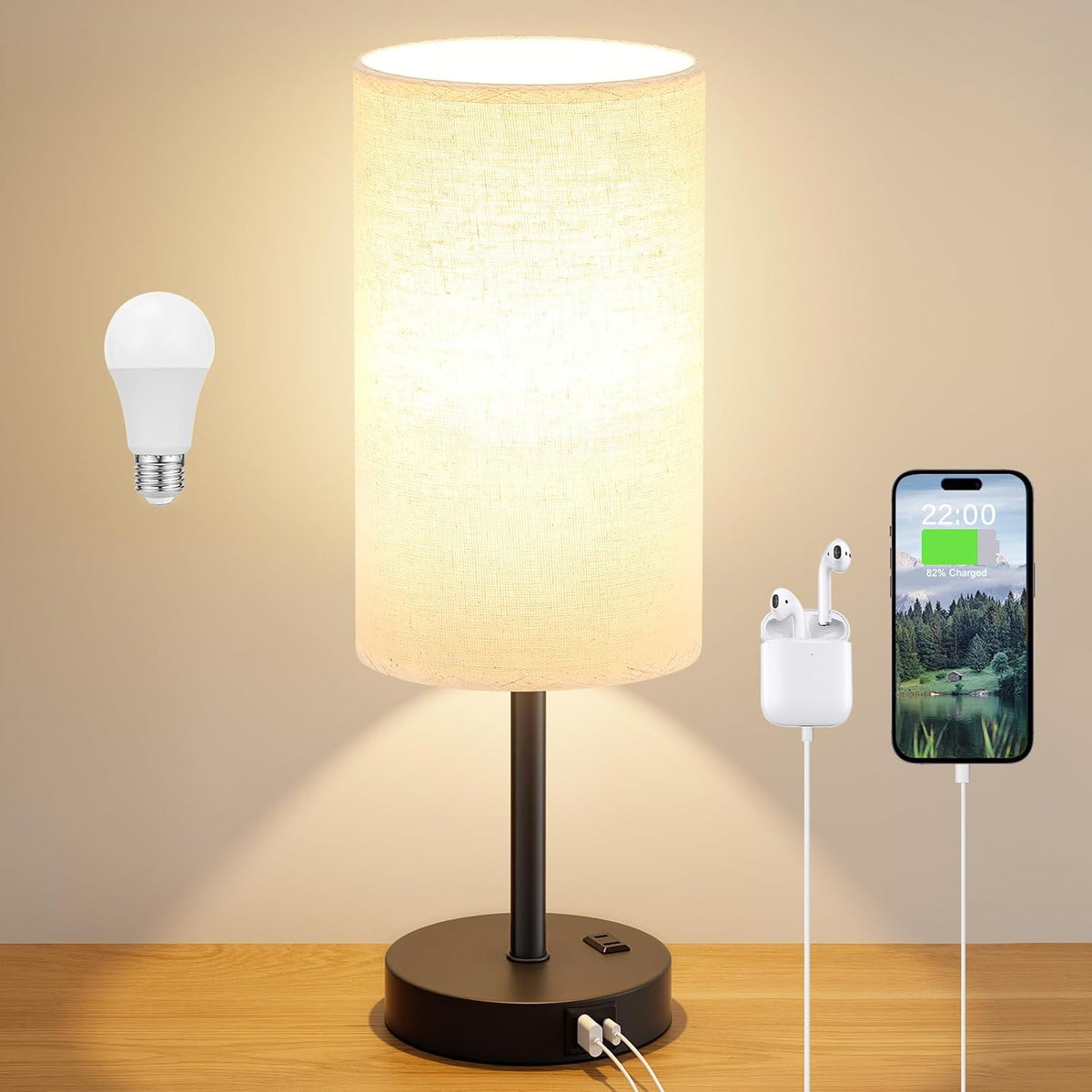 Dicoool Bedside Table Lamp for Bedroom - 3-Way Dimmable Touch Lamp, USB A+C