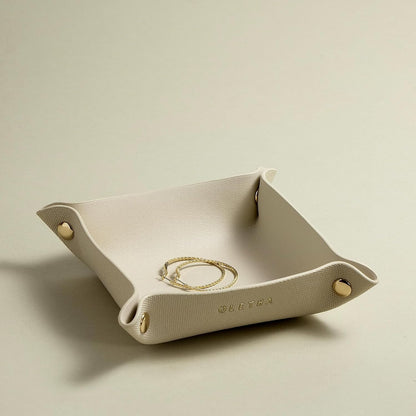 OLETHA Small Foldable Valet Tray, Travel Essentials for Women, Portable Catchall Organizer for Jewelry & Keys, for Hotel Nightstands, Home Office & Desk, Aesthetic Faux Leather, Light Taupe