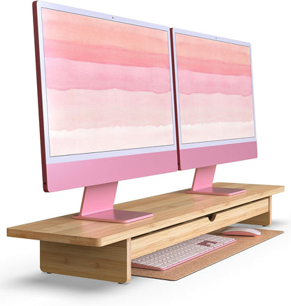 Bamboo Monitor Stand with Large Storage Drawer,23 Inch Ergonomic Computer Riser for Desk, Holds Up to 220lbs, Screen Shelf with 5 Compartments for Keyboard & Stationery Organization