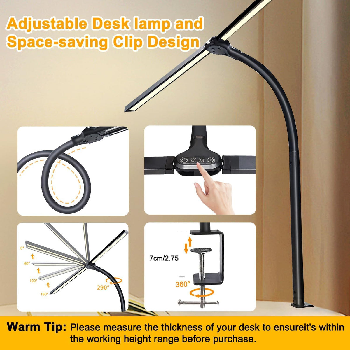 LED Desk Lamp with Clamp & Flexible Arm - 3 Light Sources, 4 Color Modes & 5 Brightness Levels, Eye-Caring Table Light with Memory Function