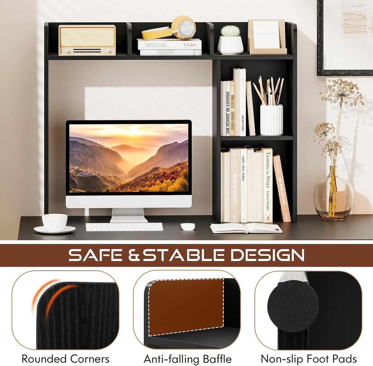 Desktop Bookshelf, Countertop Storage Hutch with 5 Shelves for Computer Desk, Desk 3-Tier Display Rack, Multipurpose Wood Desktop Hutch Storage Organizer for Dorm Office Home