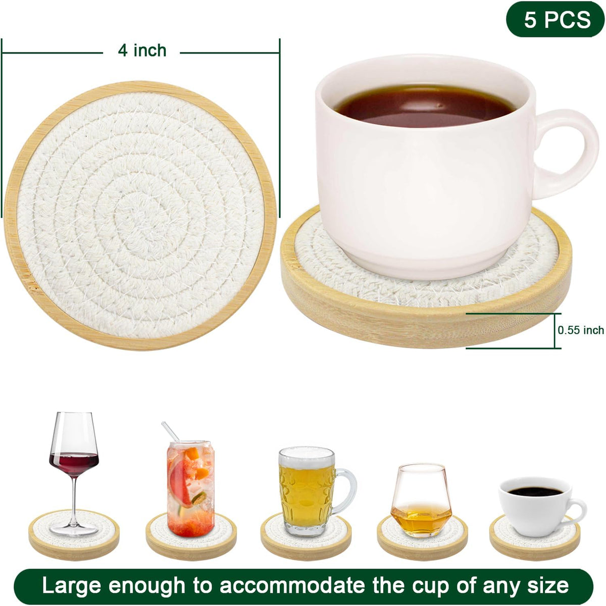 Wood Coasters for Drinks, Eykao Absorbent Coaster Sets of 5, Woven Drink Coasters for Coffee Table, Housewarming Gift for Farmhouse Home Decor,4 inches