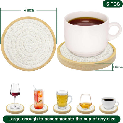 Wood Coasters for Drinks, Eykao Absorbent Coaster Sets of 5, Woven Drink Coasters for Coffee Table, Housewarming Gift for Farmhouse Home Decor,4 inches