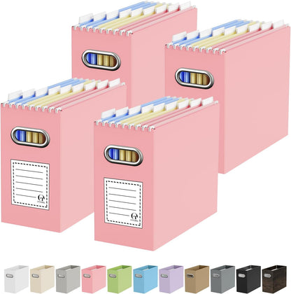 Oterri File Organizer Box, Portable Collapsible Cardboard File Folder Organizer with Handle for Letter Size Hanging Files, Document Storage Box for Home Office & Classroom (Pink)