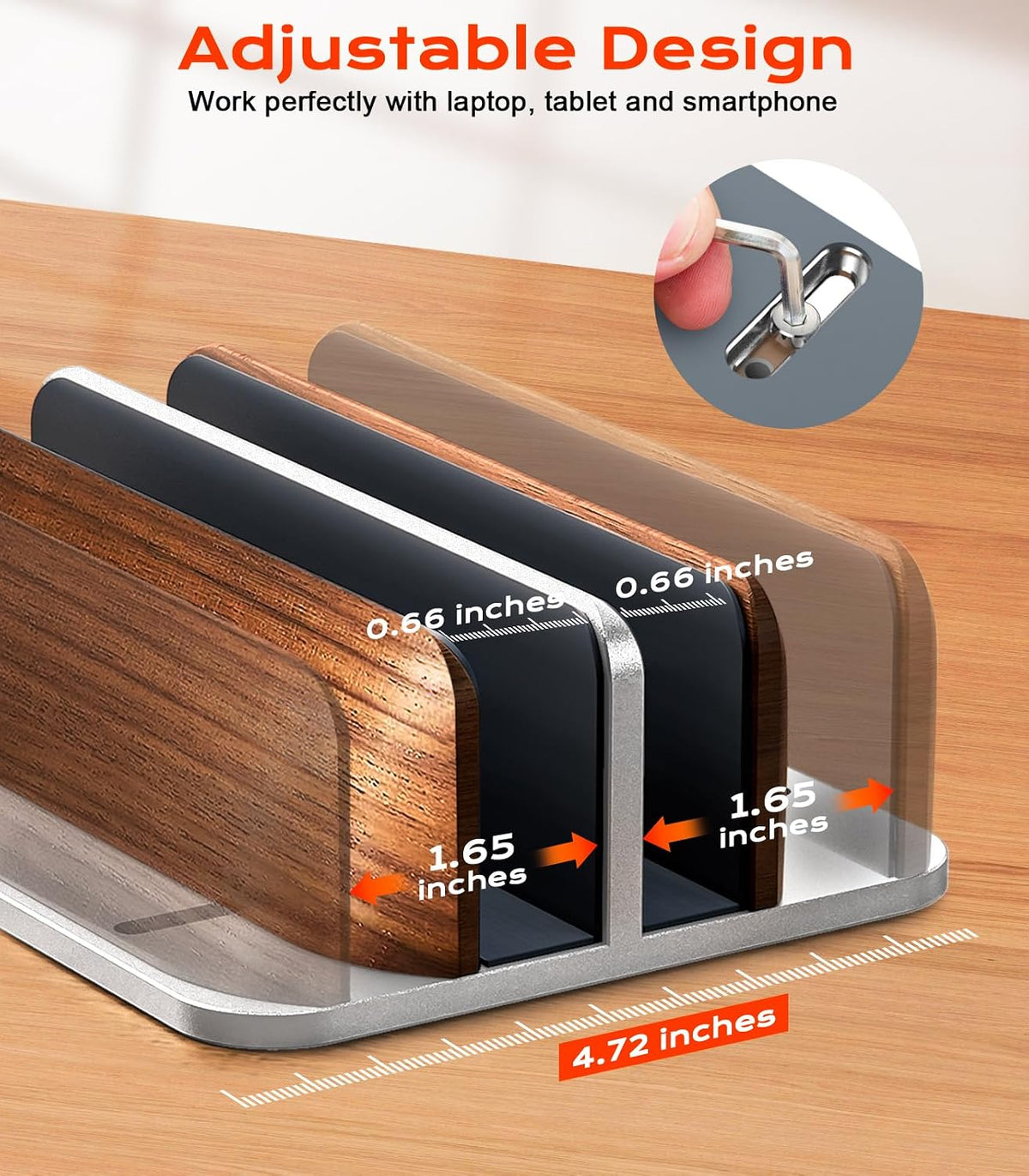JCZT Vertical Laptop Stand, Walnut Dual Laptop Holder with Adjustable Aluminum Alloy Base Laptop Stand Compatible with All MacBok/Surface/Samsung/HP/Dell/Chrome Book (Silver)