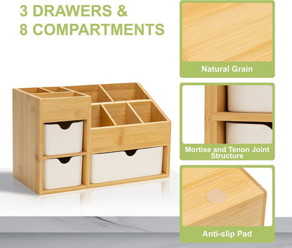 Bamboo Vanity Organizers with 3 Drawer, Mini Desk Organizer for Home, 3-tier Study/Office Organizer Rack, Adjustable 5 Compartment Makeup Display Case, Dresser Storage for Lipstick, Jewelry, Nail Care