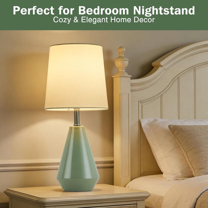 Small Bedside Table Lamp for Bedroom - Reading Desk Lamp with 3 Color Temperatures，15.5" Nightstand Ceramic Lamp with Fabric Shade for Kids Room,Living Room,Dorm,Home Office (Green)
