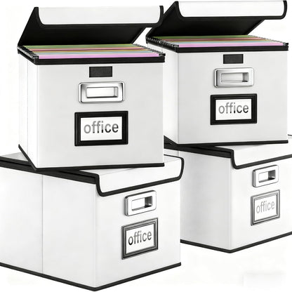 Upgraded Portable File Organizer Box with Lid, Collapsible Linen Hanging Filing Storage Boxes with Plastic Slides, Decorative Home/Office Filing System Box for File and Folders Storage (Gray)