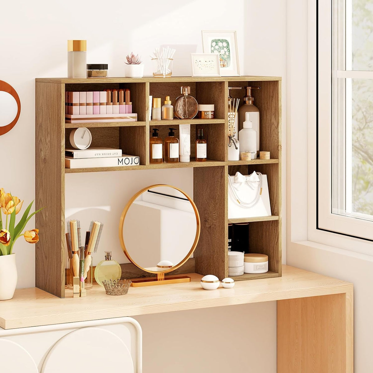 Desktop Bookshelf, Countertop Storage Hutch with 5 Shelves for Computer Desk, Desk 3-Tier Display Rack, Multipurpose Wood Desktop Hutch Storage Organizer for Dorm Office Home