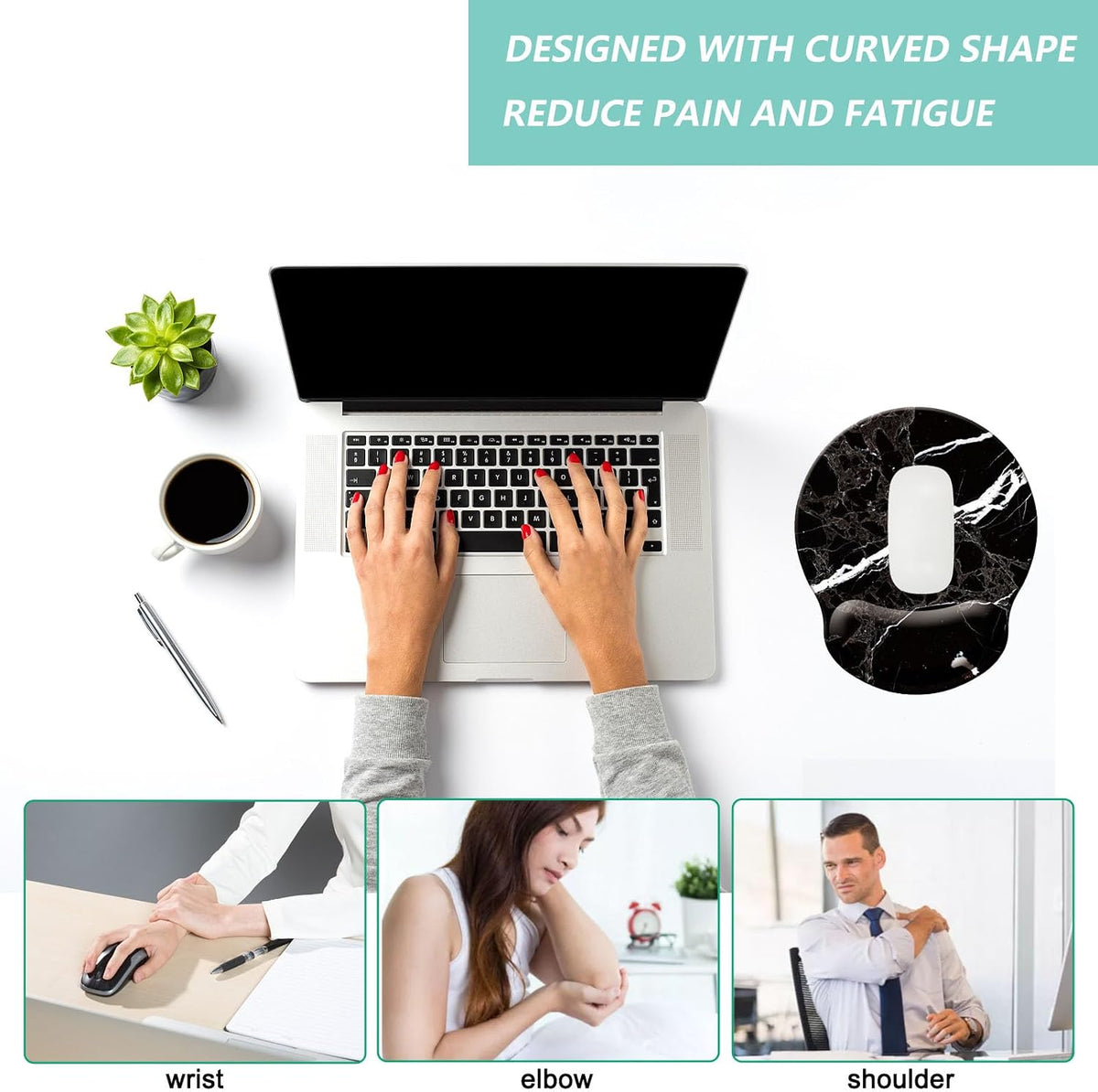 Mouse Pad with Wrist Support, Ergonomic Mouse Pad with Memory Foam Wrist Rest Cushion, Non-Slip Rubber Base Gaming Mice Pad for Home Office Computer Laptop, Flower Black