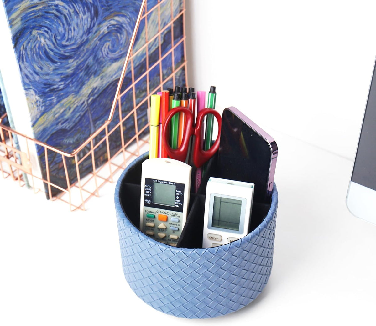 Round Leather Art Supply Organizer,Remote Control Holder,360 Degree Rotating,Multi-Functional Pencil Holder,4 Compartments Desktop Stationary Organizer(1-Blue Bird) - Colors C