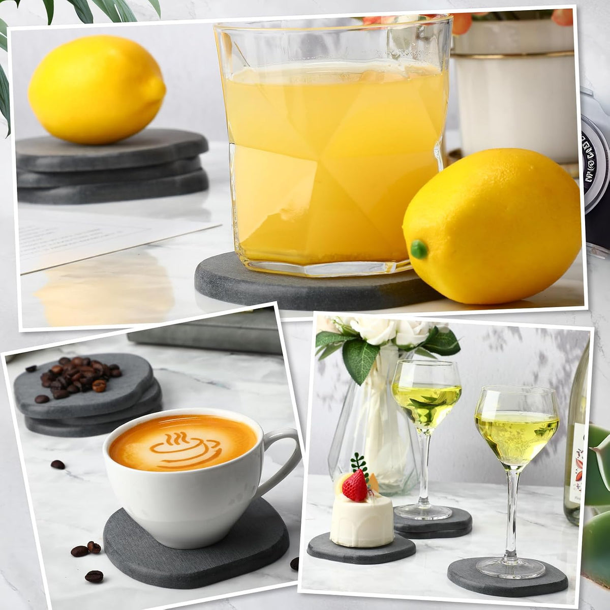 Diatomaceous Earth Coasters Set of 4，Cool Absorbent Quick-Dry Drink Coasters for Desks, Cute Modern Stone Design with Stylish White Aesthetic (4, White)