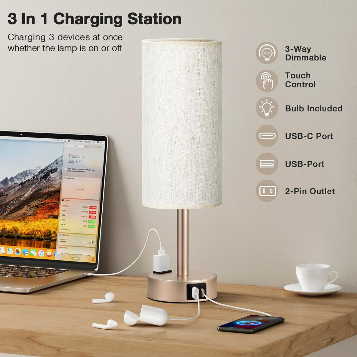 Fenmzee Bedside Table Lamp for Bedroom - Dimmable Touch, USB A+C, AC Outlet