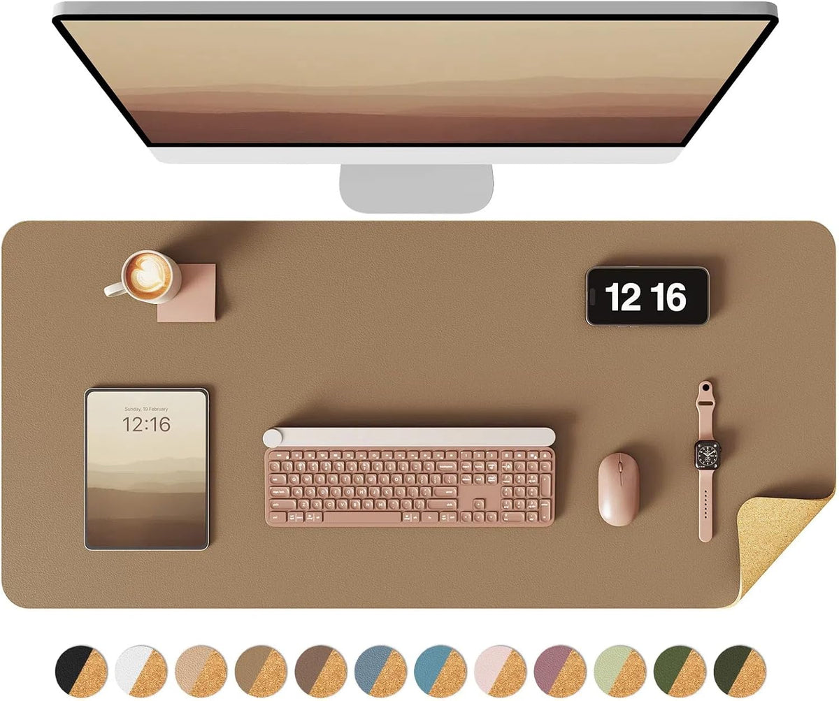 Double-Sided Desk Pad, 31.5"x15.7"Leather Desk Mat, Eco Cork Desk Pad Protector,Large Mouse Pad,Waterproof Desk Blotter for Office/Home(Coffee)