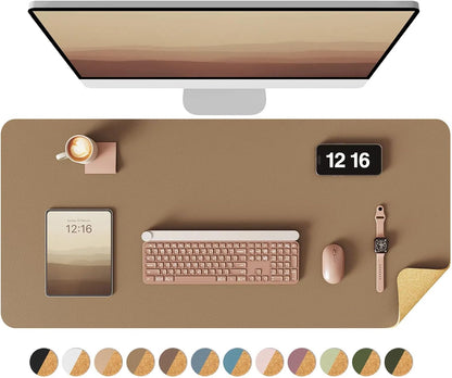 Double-Sided Desk Pad, 31.5"x15.7"Leather Desk Mat, Eco Cork Desk Pad Protector,Large Mouse Pad,Waterproof Desk Blotter for Office/Home(Coffee)