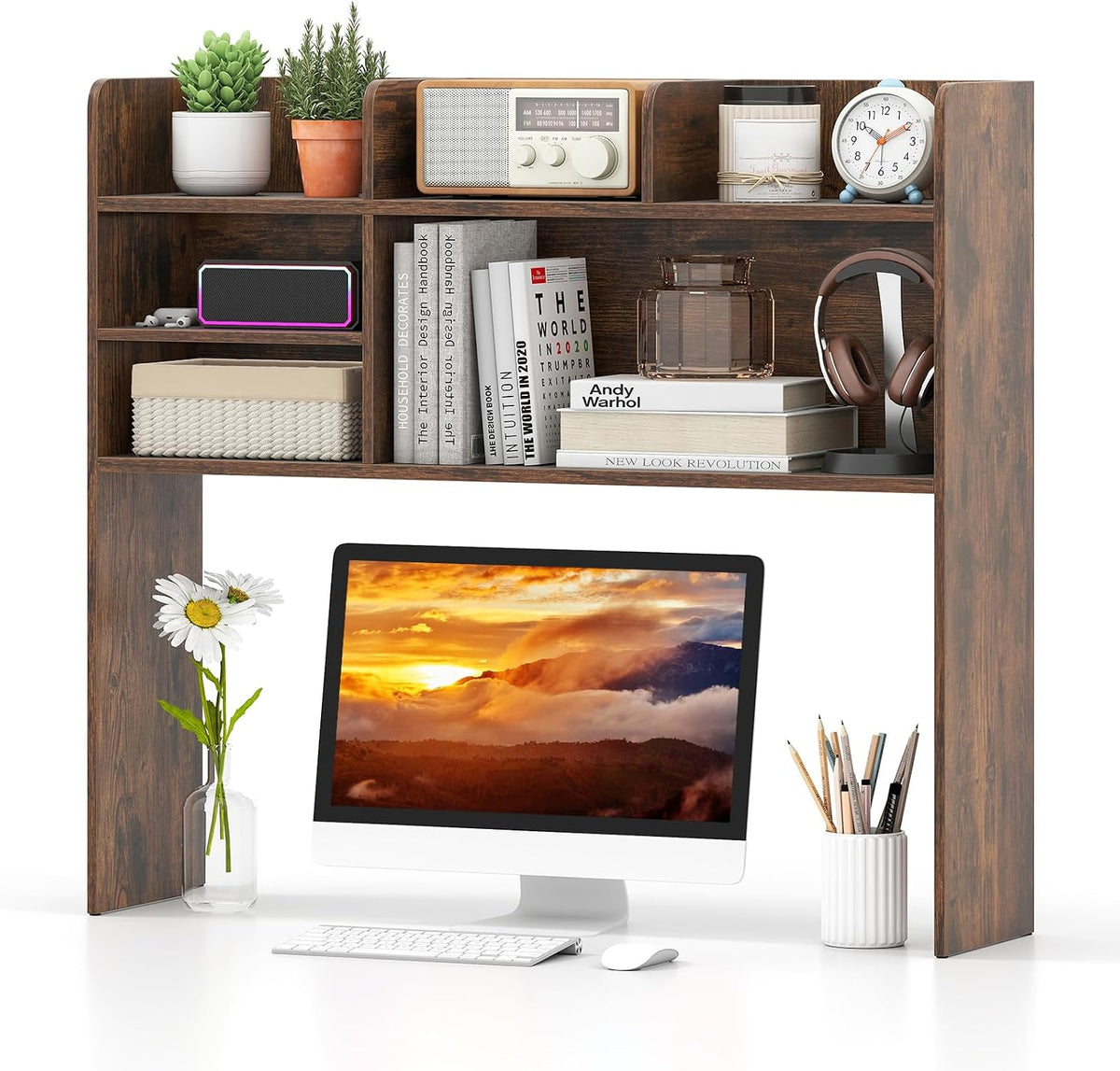 Desktop Bookshelf, Countertop Storage Hutch with 5 Shelves for Computer Desk, Desk 3-Tier Display Rack, Multipurpose Wood Desktop Hutch Storage Organizer for Dorm Office Home