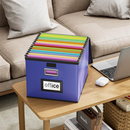Upgraded Portable File Organizer Box with Lid, Collapsible Linen Hanging Filing Storage Boxes with Plastic Slides, Decorative Home/Office Filing System Box for File and Folders Storage (Gray)