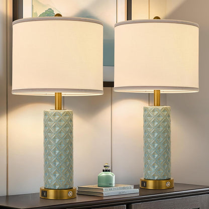 Small Bedside Table Lamp for Bedroom - Reading Desk Lamp with 3 Color Temperatures，15.5" Nightstand Ceramic Lamp with Fabric Shade for Kids Room,Living Room,Dorm,Home Office (Green)