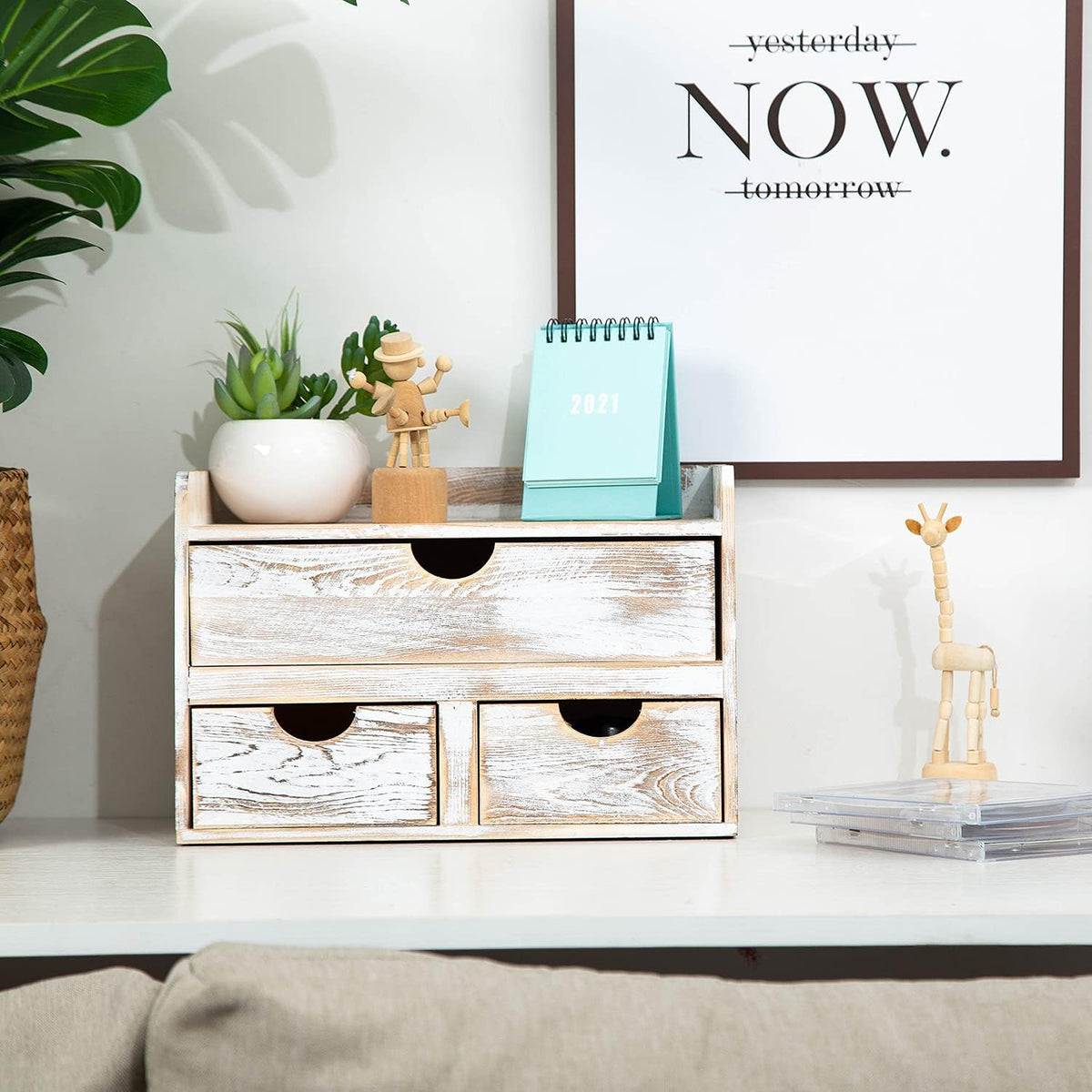 Rustic Distressed white 3-Tier Bamboo Desk Organizer with 3 Drawers Mini Storage Shelf For Desk, Toiletries Vanity Office Supplies (bamboo)