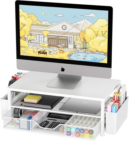 Desk Organizers and Accessories, Computer Monitor Stand Riser with Drawer and 2 Pen Holders, Printer & Laptop Stand, Office Desk Accessories & Workspace Organizers for Home Office Supplies, Black