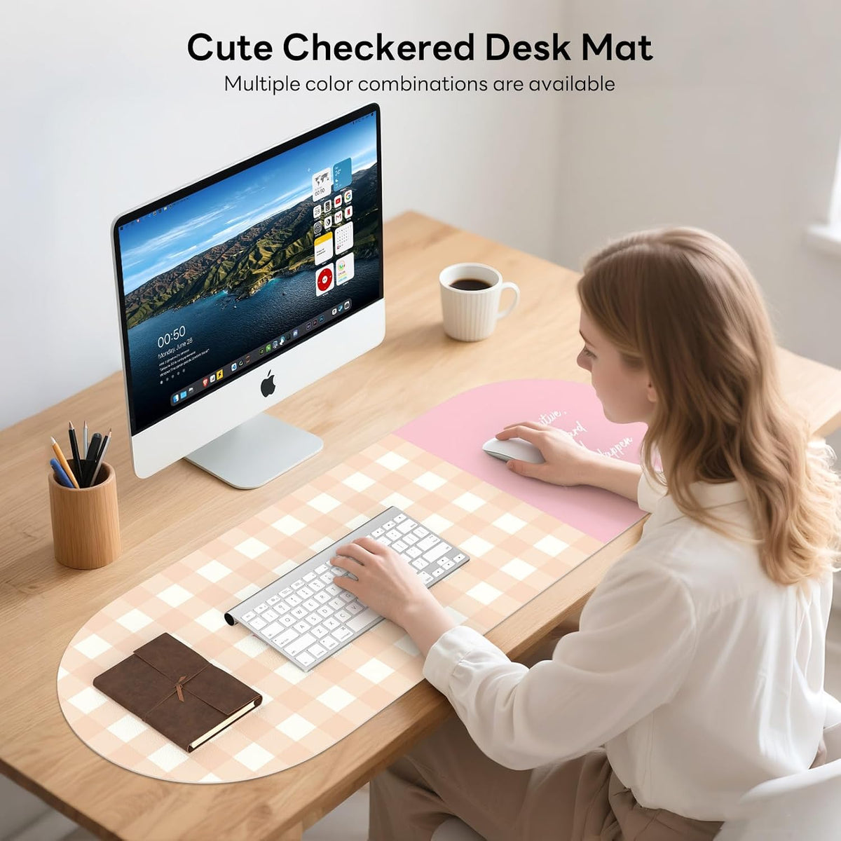 Checkered Pattern Desk Pad Protector, 35.5 x 13'' Aesthetic Mouse Mat for Desktop, Waterproof PU Leathe Non-Slip Desk Writing Pad for Office and Home, Green and Purple