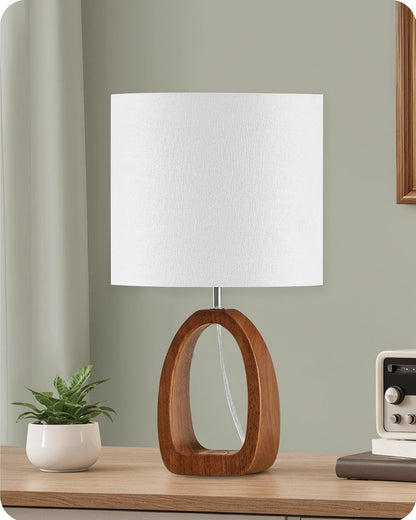Small Table Lamp, 14.2" Cute Little Desk Lamp, Wood Bedside Lamp with Linen Lampshade, Modern Nightstand Lamp for Bedroom, E26 Base, Bulb Not Included, Beige and Dark Natural LE07TL05