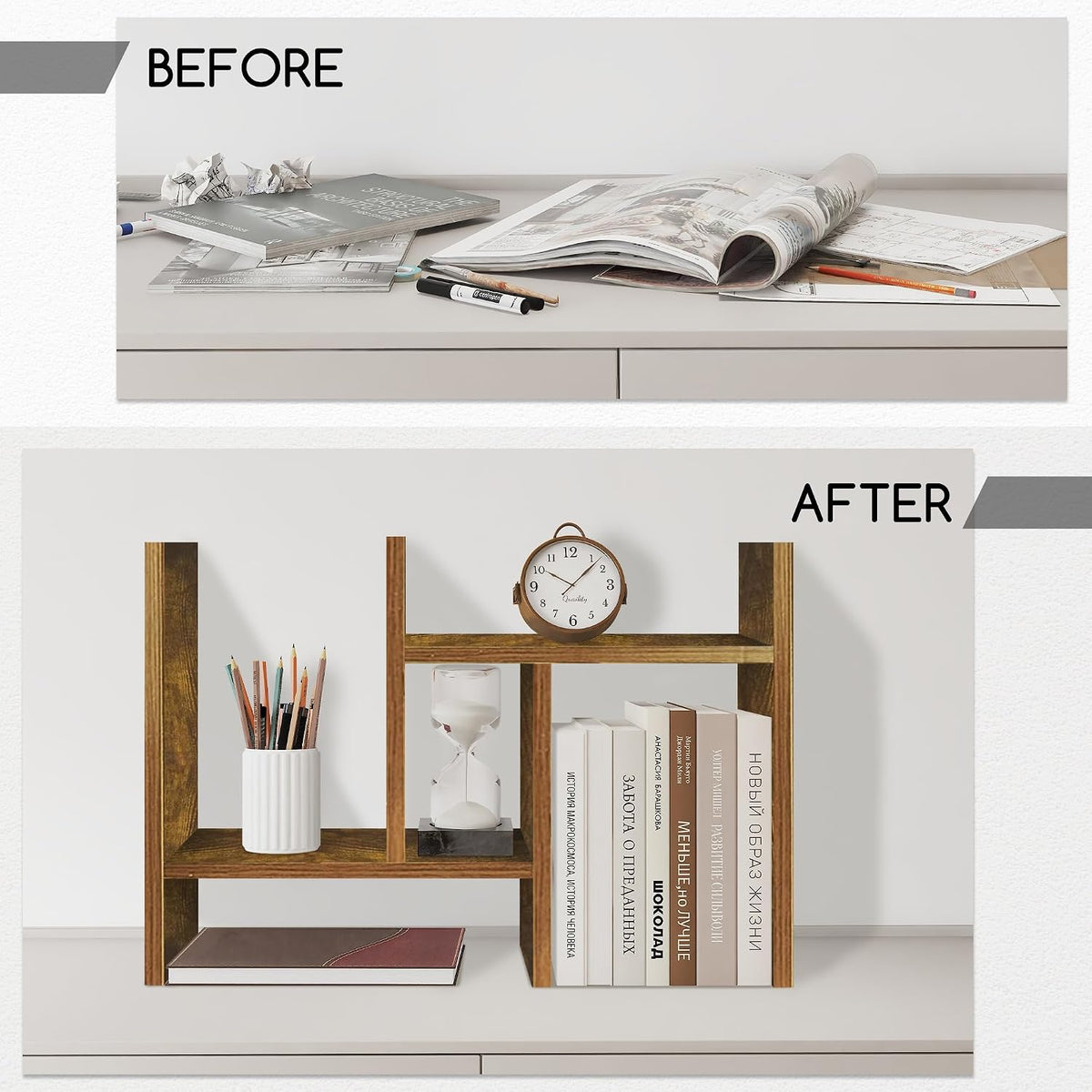Jerry & Maggie Desktop Organizer Office Storage Rack Adjustable Wood Display Shelf Free Style Double H, Multi-Functional Mini Bookshelf for Desk Natural Stand (White)