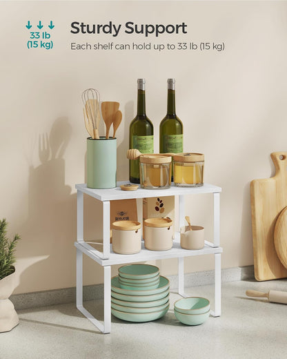 SONGMICS Cabinet Organizer Shelf, Set of 4 Kitchen Counter Shelves, Kitchen Storage, Spice Rack, Stackable, Expandable, Metal and Engineered Wood, Cloud White and Natural Beige UKCS010N01