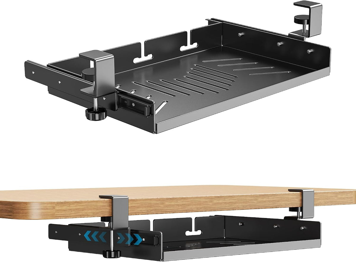 No Drill Under Desk Laptop Mount, Metal Under Desk Storage Shelf with Cable Management, Laptop Storage Tray for MacBook, Keyboard, Mac Mini, Anti-Scratch Silicone, Fits Office, Gaming, Workstations