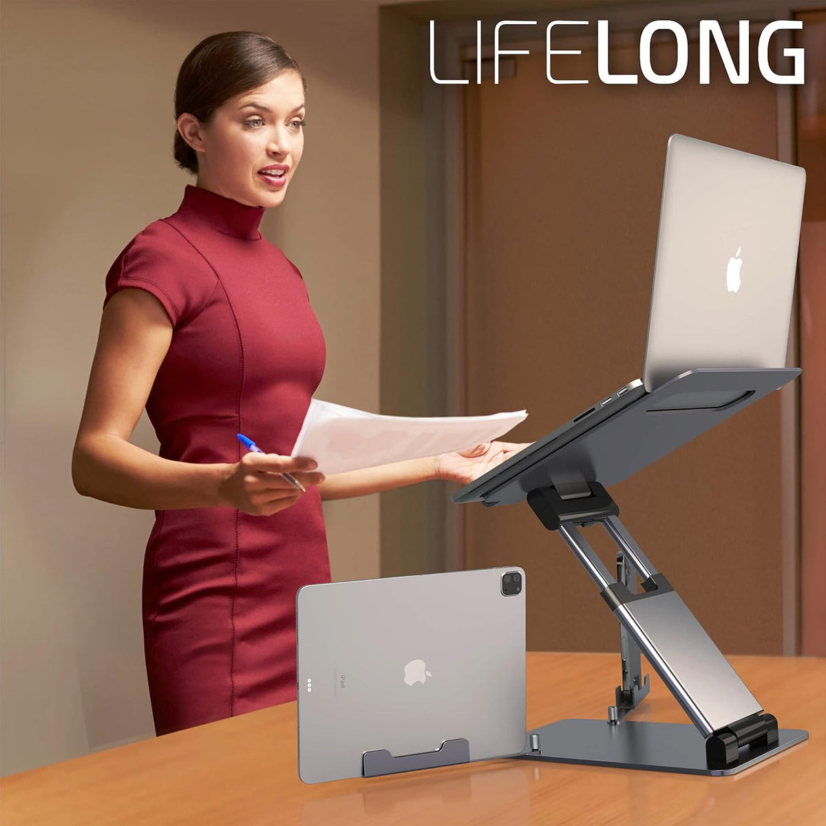 Lifelong Ergonomic Adjustable Laptop Stand for Desk, Extra Tall 20” Height Aluminum Laptop Riser, Portable Foldable Computer Stand, Fits 10-17” Laptops for Office Meetings, Teamwork & Desk Setup