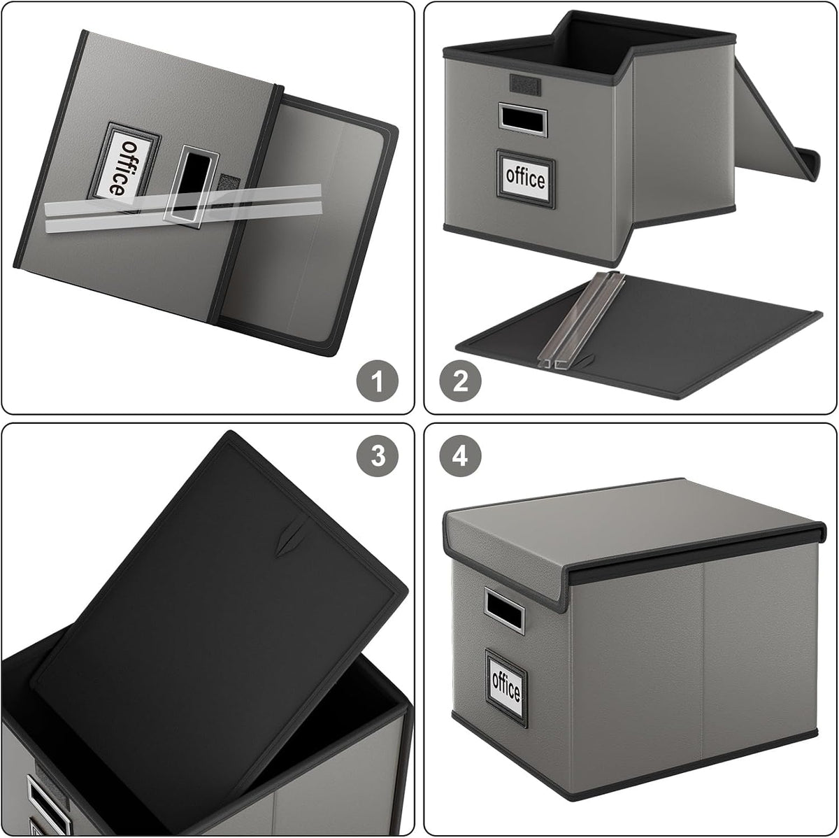 Upgraded Portable File Organizer Box with Lid, Collapsible Linen Hanging Filing Storage Boxes with Plastic Slides, Decorative Home/Office Filing System Box for File and Folders Storage (Gray)