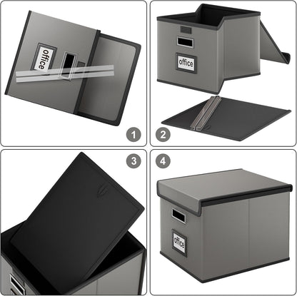 Upgraded Portable File Organizer Box with Lid, Collapsible Linen Hanging Filing Storage Boxes with Plastic Slides, Decorative Home/Office Filing System Box for File and Folders Storage (Gray)