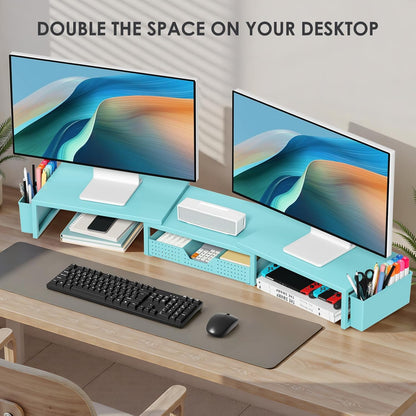 OPNICE Desk Organizers and Accessories, Dual Monitor Stand Riser with Drawer and 2 Pen Holders, Desk Shelf Metal Computer Racks for Office Workspace Organizers, Desktop Organization (Black Metal)