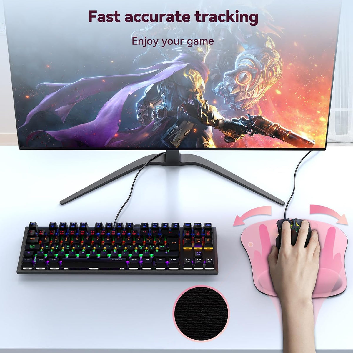 TECKNET Mouse Pad with Wrist Support, Ergonomic Gaming Mouse Pad Pain Relief, Portable Comfortable Mousepad for Computer, Laptop, Office, Home Non-Slip Base, Waterproof Surface - Black