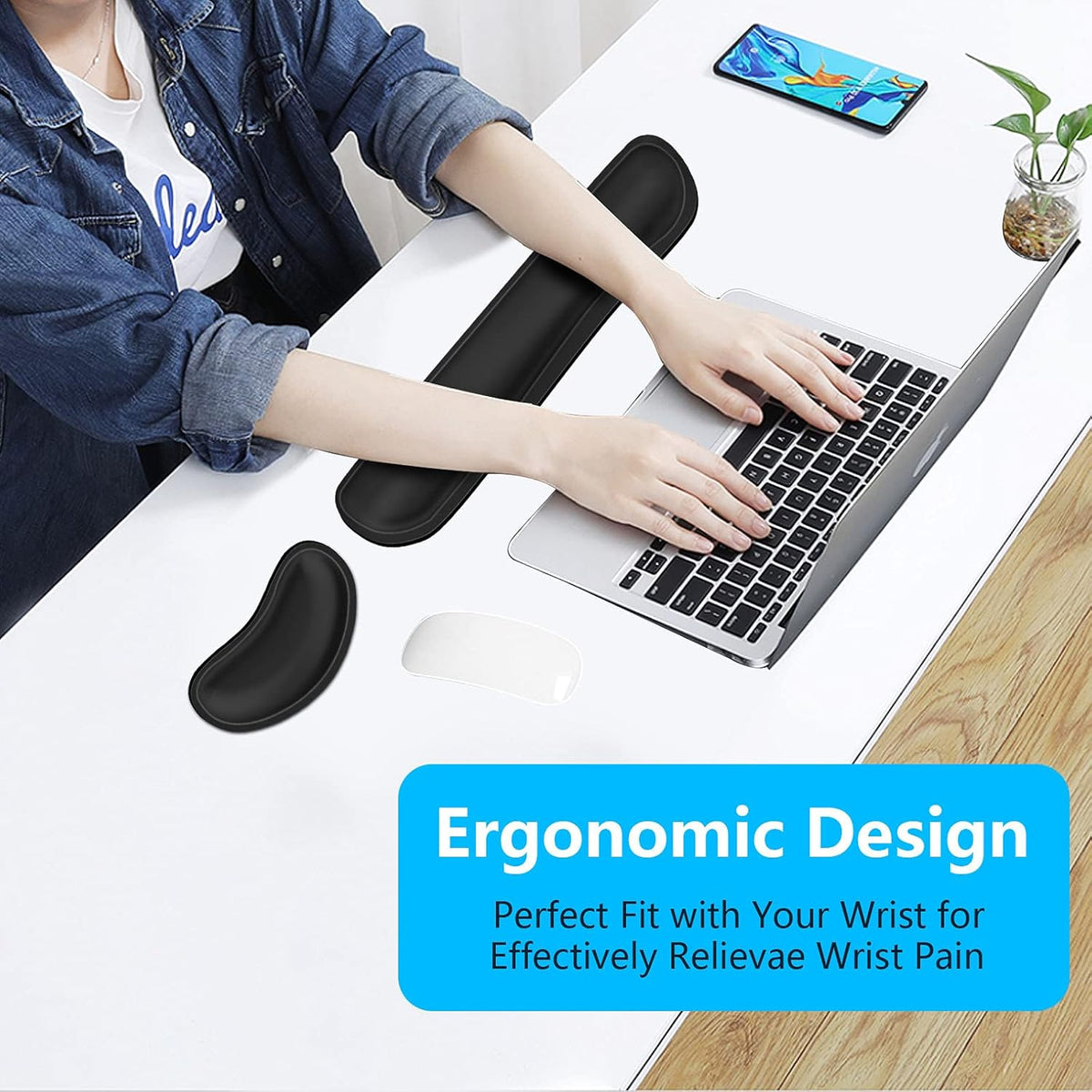 Mouse Wrist Rest, Ergonomic Memory Foam Mouse Wrist for Computer Desk Mats Support, PU Leather Hand Rest Pad Cushion for Gaming, Laptop, Men, Women, Pain Relief & Easy Typing, Black