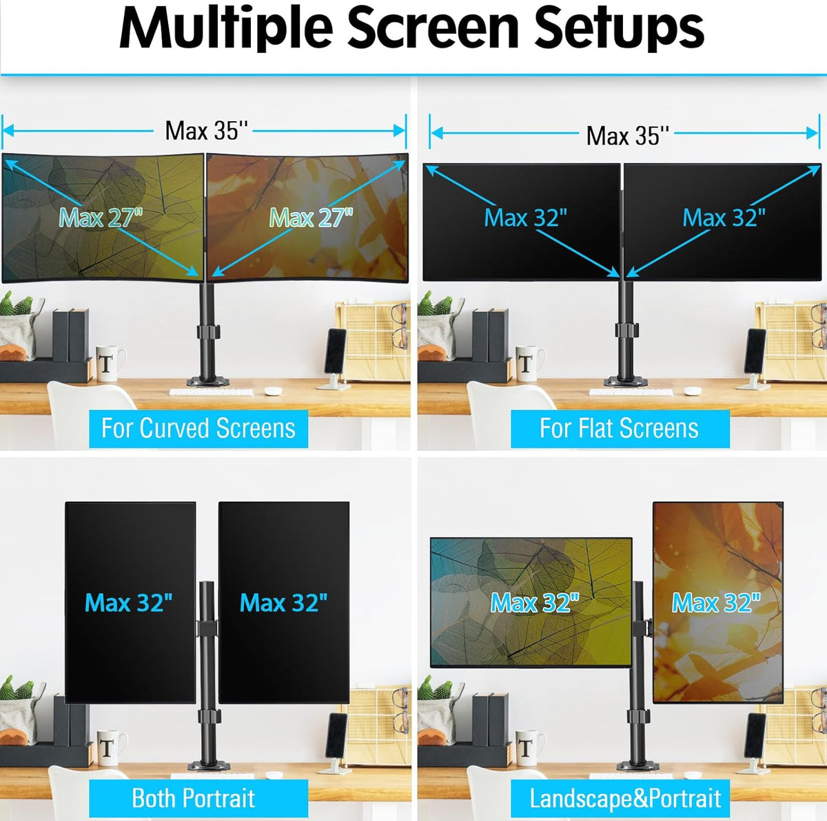 Dual Monitor Desk Mount, Max 32 Inch up to 17.6lbs, Fully Adjustable Dual Monitor Arm for 2 LCD Screens, Double Monitor Stand with C-Clamp and Grommet Base