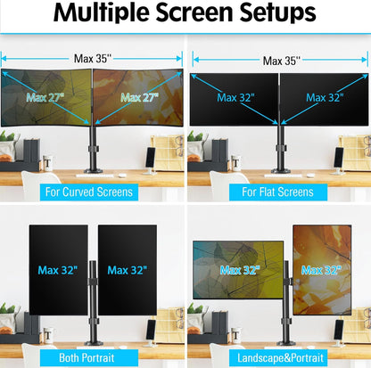 Dual Monitor Desk Mount, Max 32 Inch up to 17.6lbs, Fully Adjustable Dual Monitor Arm for 2 LCD Screens, Double Monitor Stand with C-Clamp and Grommet Base