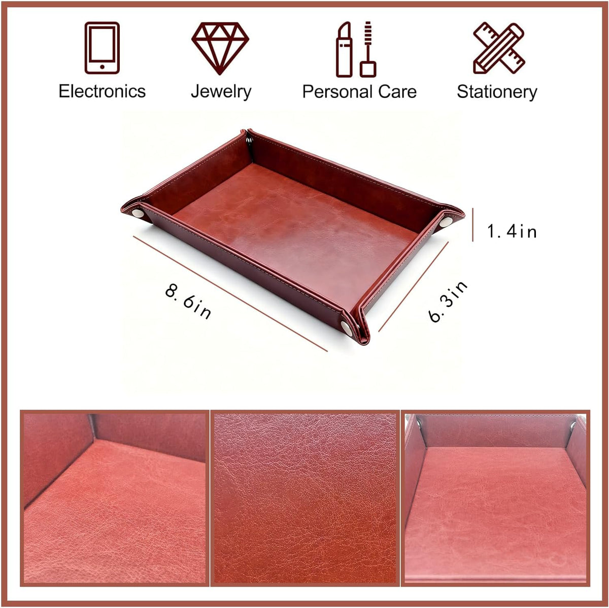 Leather Valet Tray Organizer, Catchall Tray, Desktop Storage for Keys, Coins, Wallet, Phone, Jewelry | Multi-Use Entryway Table, Desk & Nightstand Storage for Men & Women (Maroon)