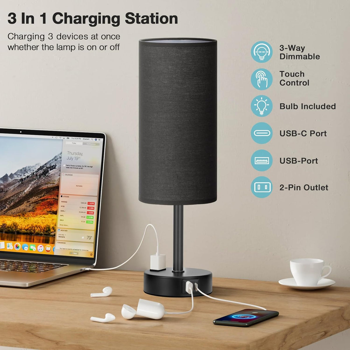 Fenmzee Bedside Table Lamp for Bedroom - Dimmable Touch, USB A+C, AC Outlet