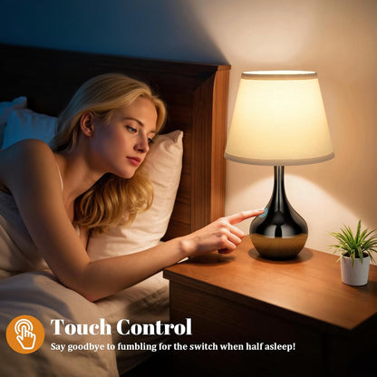Seealle Touch Table Lamp for Bedroom, 3-Way Dimmable Small Bedside Lamps for Night Stands with Wires, Wood-Paint Desk Lamp for Kids Room, Office, Living Room, End Table(LED Bulb Included)