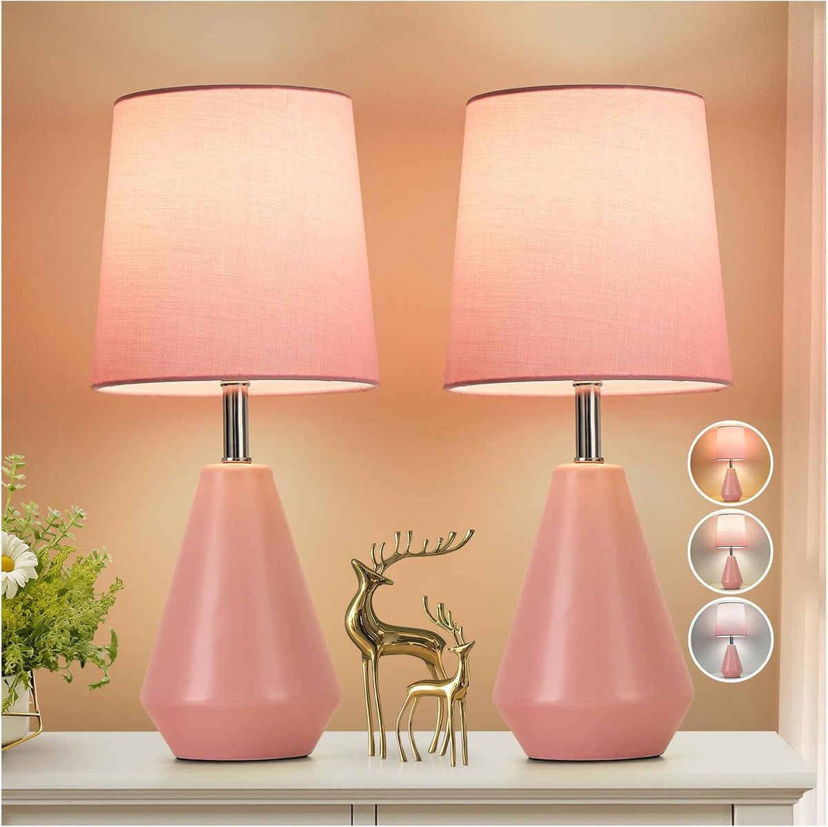 Small Bedside Table Lamp for Bedroom - Reading Desk Lamp with 3 Color Temperatures，15.5" Nightstand Ceramic Lamp with Fabric Shade for Kids Room,Living Room,Dorm,Home Office (Green)