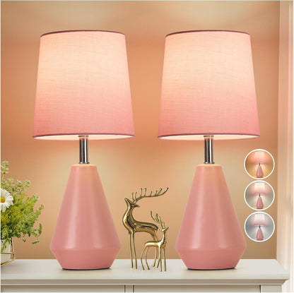 Small Bedside Table Lamp for Bedroom - Reading Desk Lamp with 3 Color Temperatures，15.5" Nightstand Ceramic Lamp with Fabric Shade for Kids Room,Living Room,Dorm,Home Office (Green)