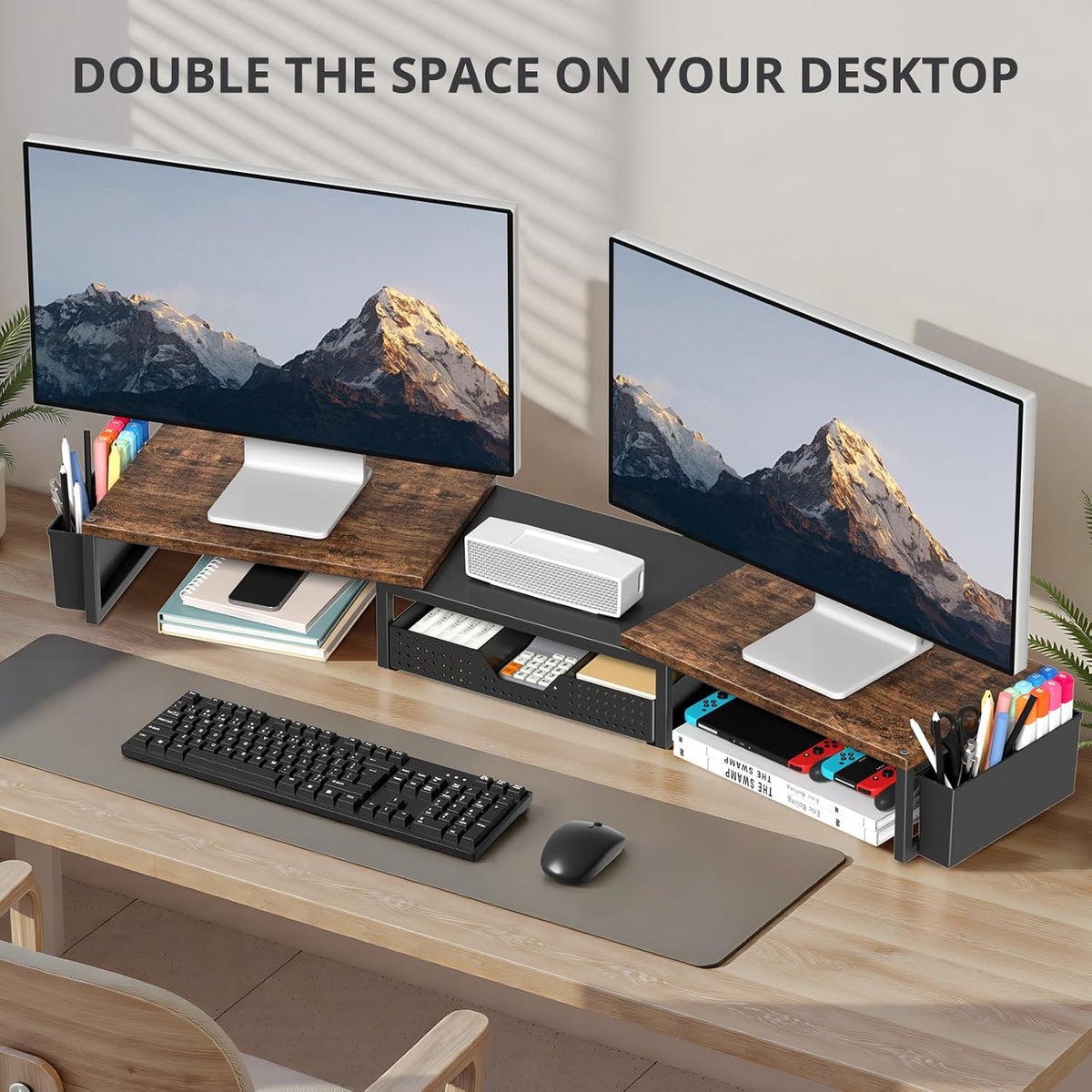 OPNICE Desk Organizers and Accessories, Dual Monitor Stand Riser with Drawer and 2 Pen Holders, Desk Shelf Metal Computer Racks for Office Workspace Organizers, Desktop Organization (Black Metal)